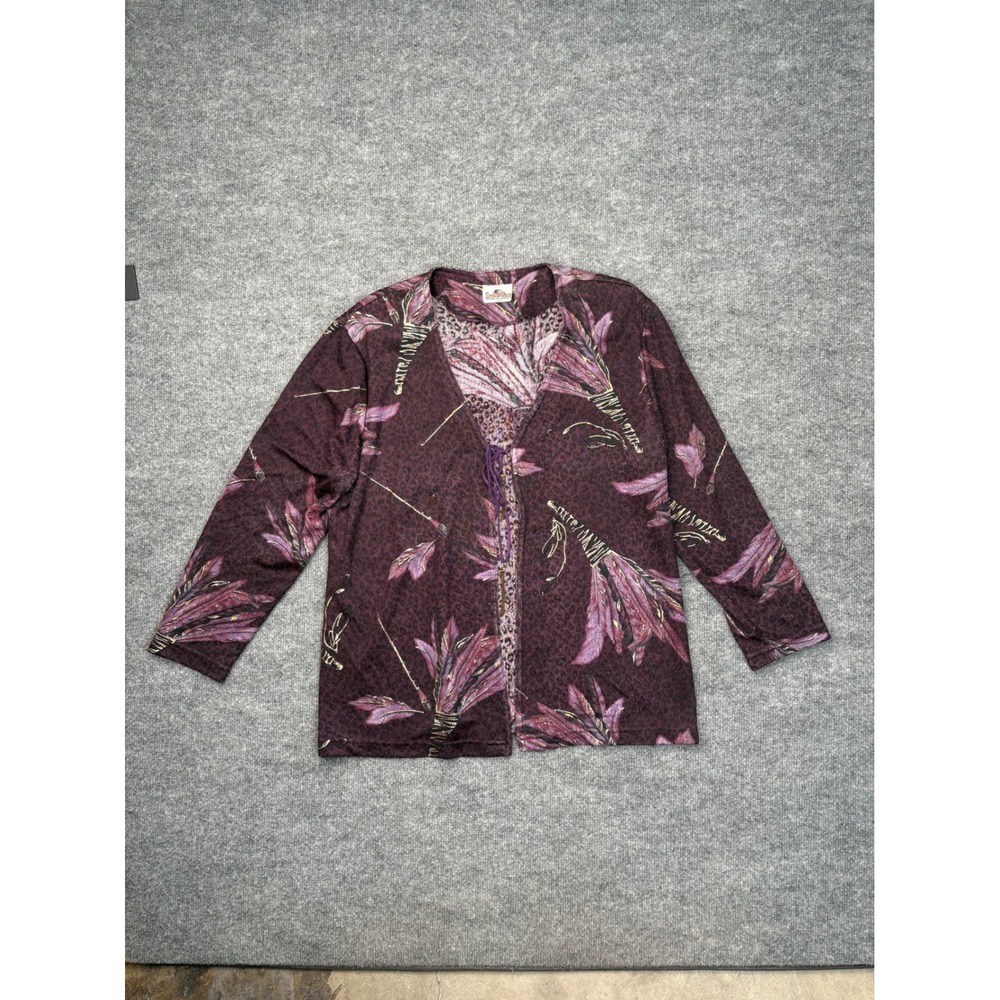 Superline USA Vintage Burgundy‎ Leopard Feather Print Tie Front Cardigan Top L